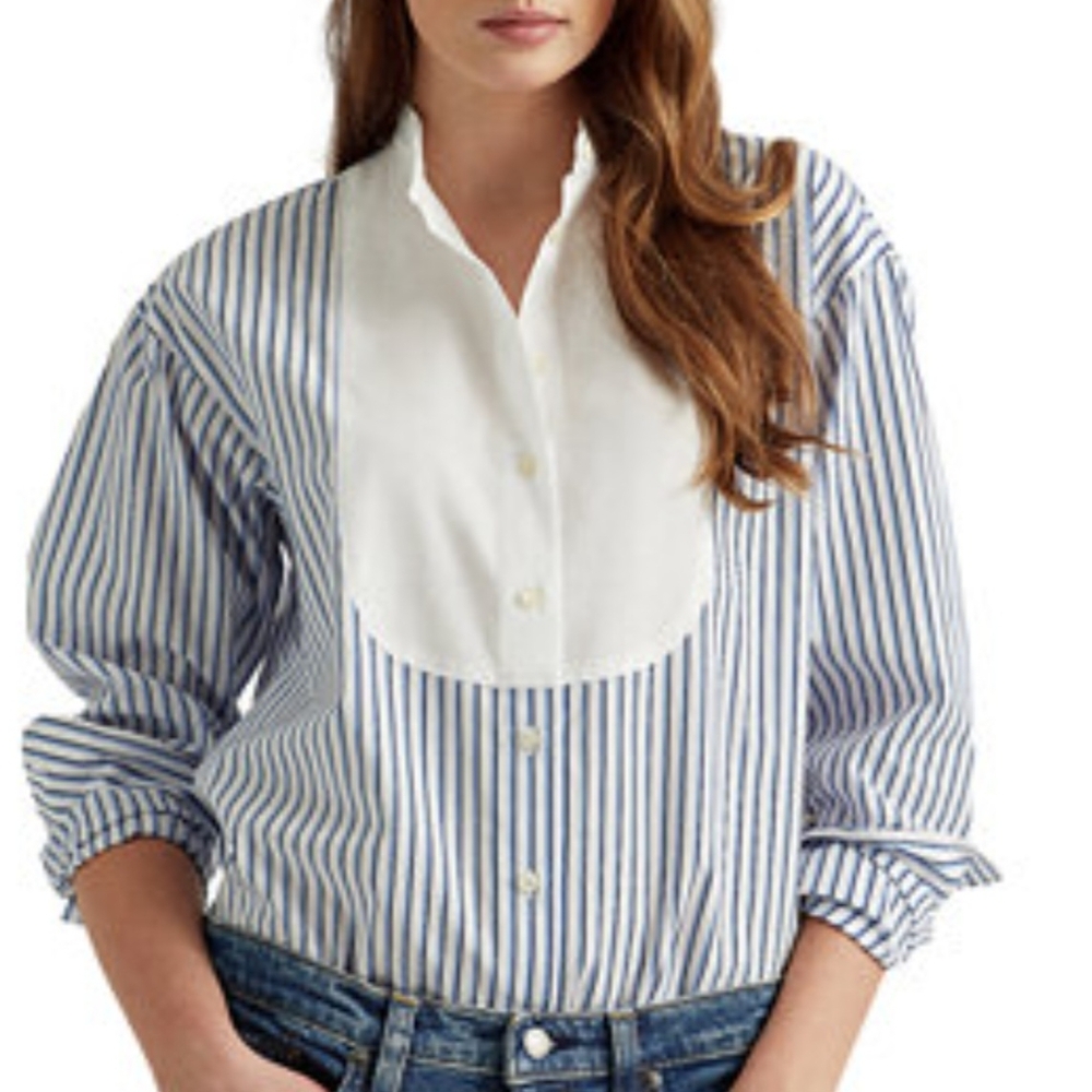 Lauren Ralph Lauren Blue-and-White Striped Bib-Front Button Shirt